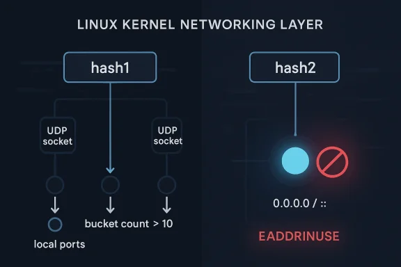 Diagram shows Linux kernel networking layer with hash1/UDP local ports vs hash2 with EADDRINUSE error.