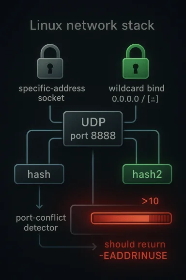 Diagram of a Linux networking stack showing UDP port 8888, hash routing, and address reuse error.