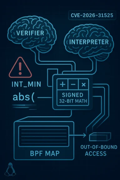 Neon diagram showing verifier/interpreter pipeline, signed 32-bit math, and out-of-bound access warning.