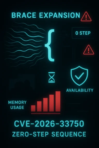 Neon security dashboard reading “BRACE EXPANSION,” “CVE-2026-33750,” with system alerts and resource bars.