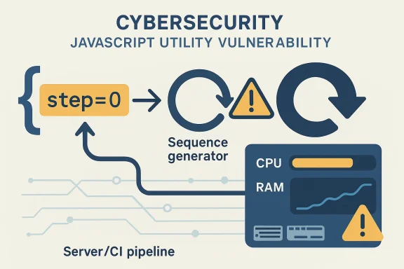 Cybersecurity infographic showing a JavaScript step leading through a sequence generator with CPU/RAM warnings.