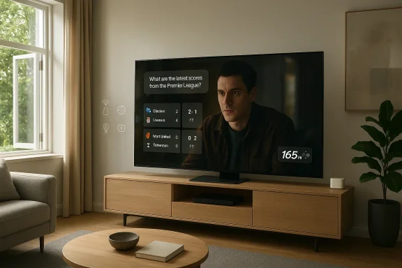 Modern living room with a TV displaying Premier League scores and a man speaking.