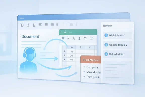 Illustration of a document editor with charts, arrows, and a “Review” panel for presentation steps.