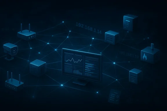 Glowing network of routers and servers linked by data lines around a central analytics display.