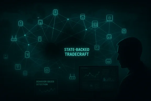 Teal digital network graphic labeled “State-Backed Tradecraft” and “Behavior-Based Detection” over a hacker silhouette.
