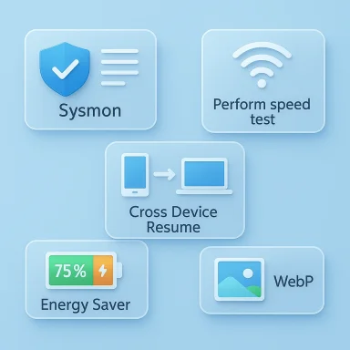 Illustration of app features: Sysmon security, performance speed test, cross-device resume, energy saver, and WebP.