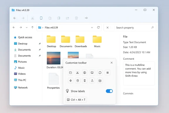 Windows File Explorer shows a “Customize toolbar” dialog over the Files v4.0.39 interface.