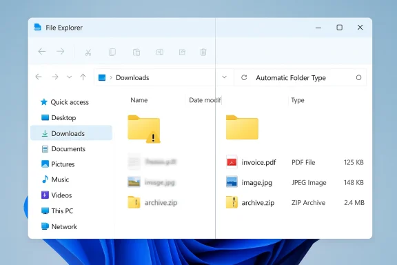 Windows File Explorer open to Downloads, showing folders and files like PDFs, images, and ZIP archives.