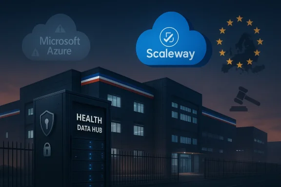 Futuristic data center with “Health Data Hub” sign and Azure Scaleway cloud and stars overhead.