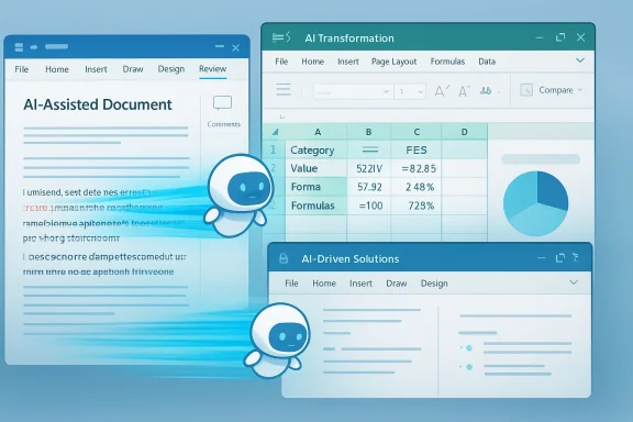 Illustrated AI assistant with document and spreadsheet interfaces showing AI-driven data processing.