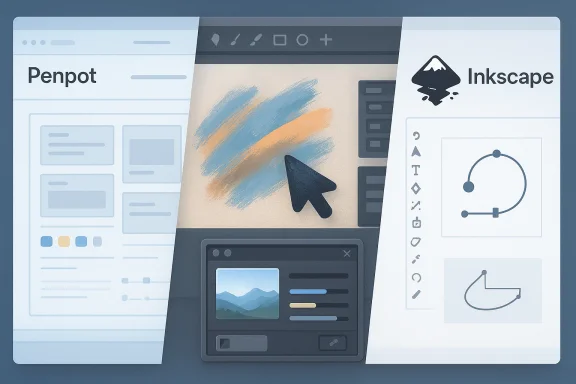 Three graphic design interfaces—Penpot, Inkscape, and a painting tablet—shown side by side.