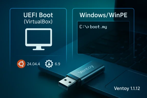 UEFI Boot and Windows/WinPE setup shown with a VentoY USB installer on a blue laptop background.