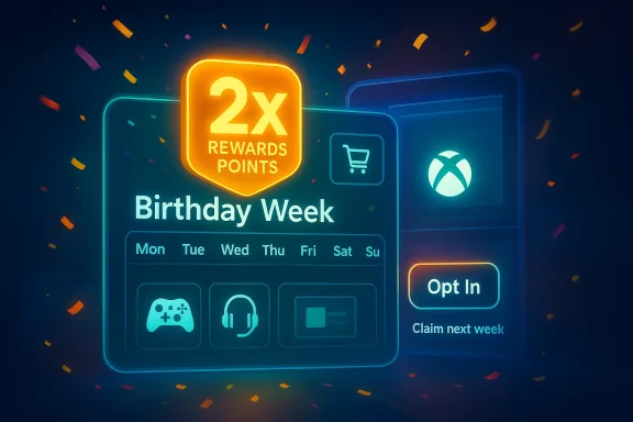 Neon “2X Rewards Points” birthday week promotion screen with calendar days and opt-in button.