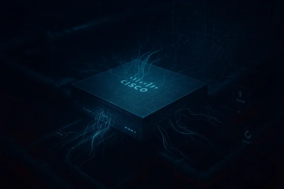 Futuristic server with glowing “Cisco” logo, surrounded by flowing data lines on a dark tech background.