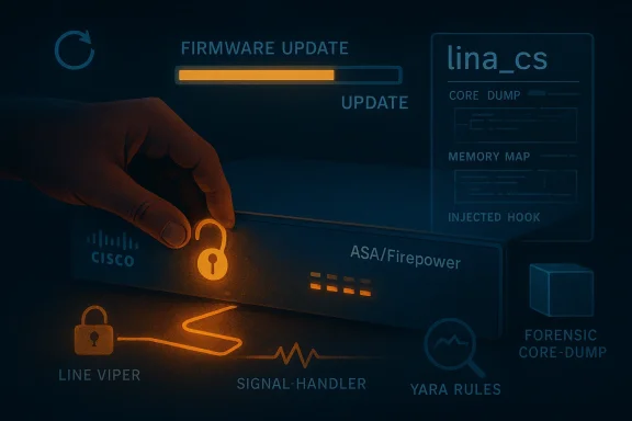 A hand locks a Cisco firewall device as a “firmware update” interface shows core dump and memory map.