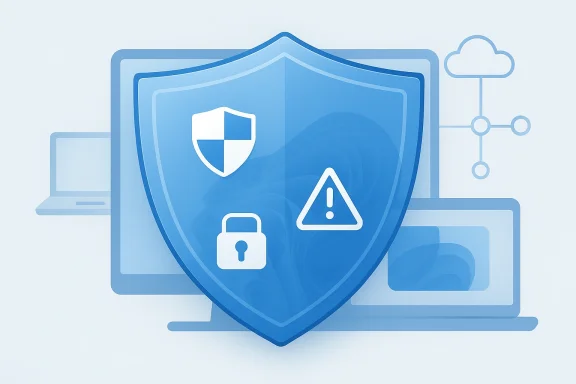 Illustration of a laptop protected by a blue shield with lock and warning icons.