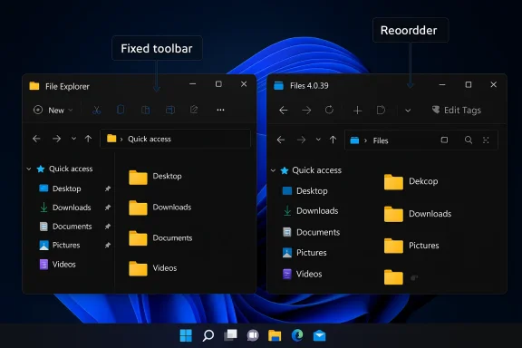 Two Windows File Explorer windows compare fixed toolbar vs reordered tabs on a blue background.