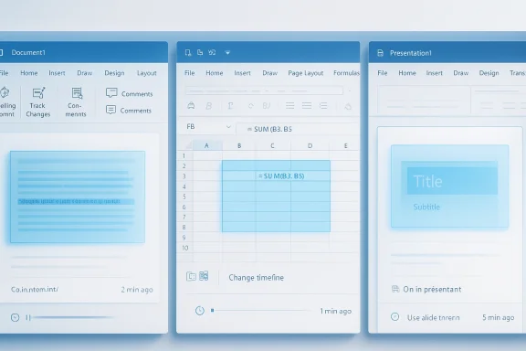 Three Microsoft Office apps side by side: a document, an Excel spreadsheet with a SUM formula, and a slide deck.