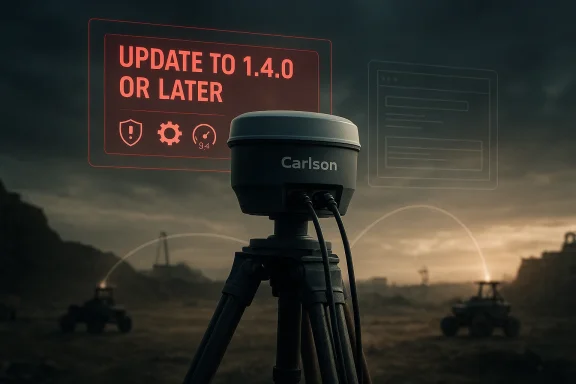 Laser scan device on a tripod with a screen reading “UPDATE TO 1.4.0 OR LATER” outdoors at dusk.
