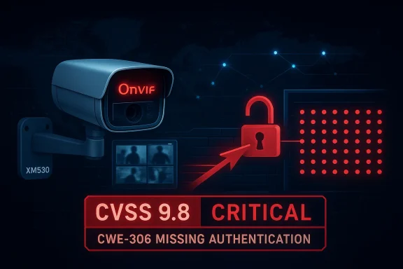 Security camera and firewall illustration showing CVSS 9.8 Critical with CWE-306 missing authentication.