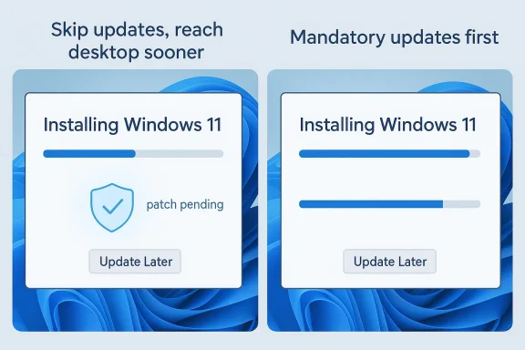 Illustration compares Windows 11 update screens: skip updates until later vs mandatory updates first.