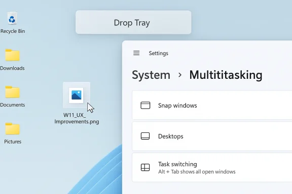 Screenshot of Windows Settings showing System > Multitasking and options like snap windows and task switching.