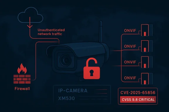 Illustration of a locked IP camera with unautenticated network traffic and critical CVE-2025-65856 ONVIF risks.