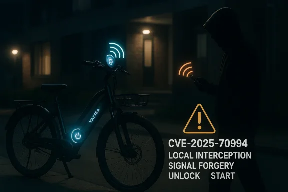 Silhouetted rider near a Yadea e-bike with wireless alert icons and “CVE-2025-70994” text.