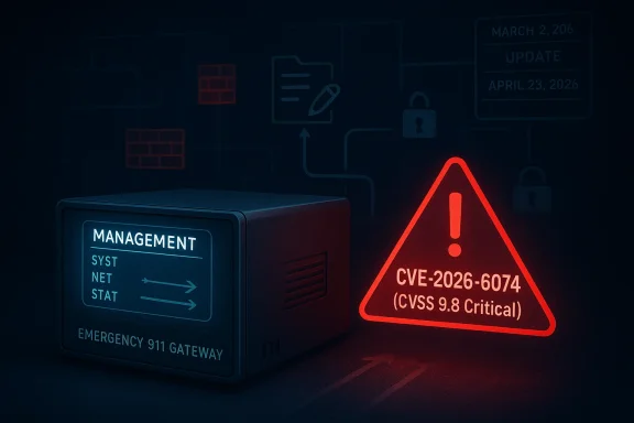 Cybersecurity alert showing a red critical CVE warning beside an emergency gateway device.