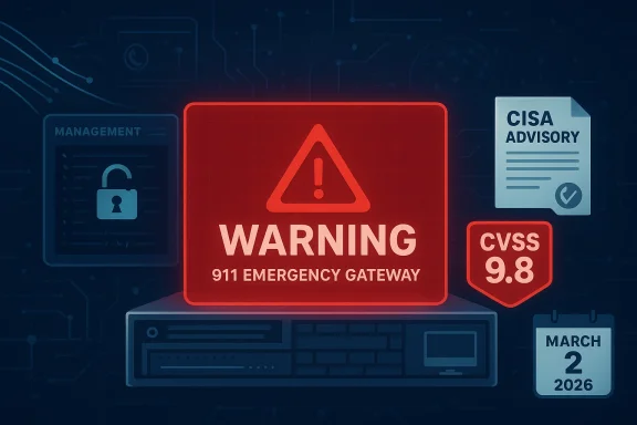 Cybersecurity warning screen reading “WARNING 911 EMERGENCY GATEWAY” with CVSS 9.8 and CISA Advisory.
