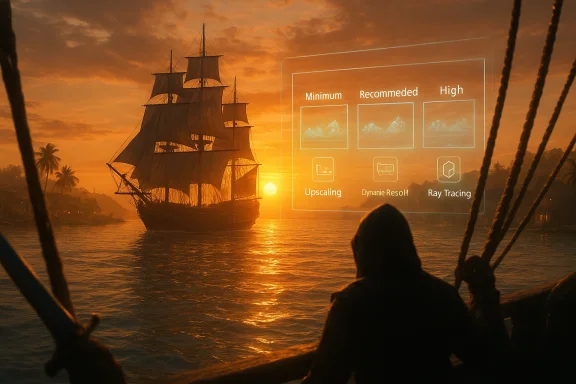 Sailing ship at sunset with a UI panel showing image quality settings: Minimum, Recommended, High.