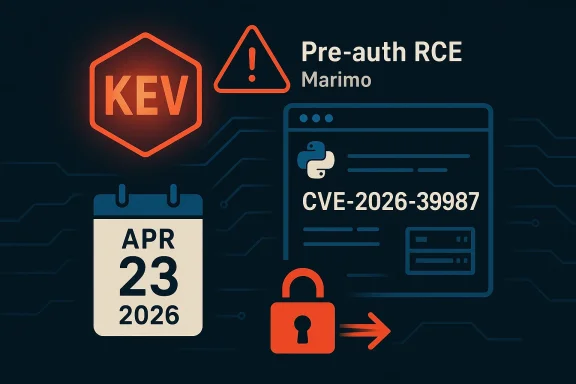 windowsforum-cisa-kev-update-cve-2026-39987-marimo-pre-auth-rce-now-actively-exploited.webp