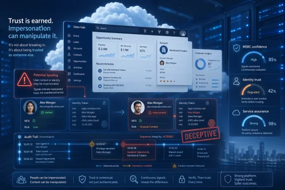 Cybersecurity dashboard shows identity trust metrics and spoofing alerts in a cloud server setting.