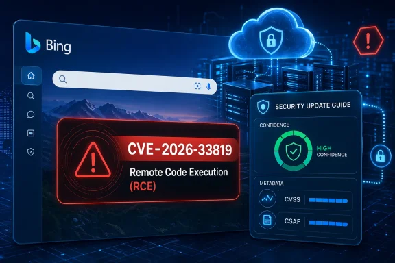 Cybersecurity dashboard showing Bing UI with cloud security icons and CVE-2026-33819 remote code execution warning.