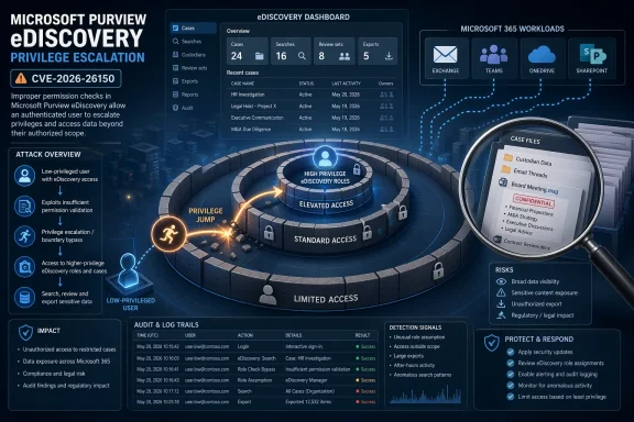 windowsforum-cve-2026-26150-purview-ediscovery-eop-privilege-boundaries-least-privilege.webp
