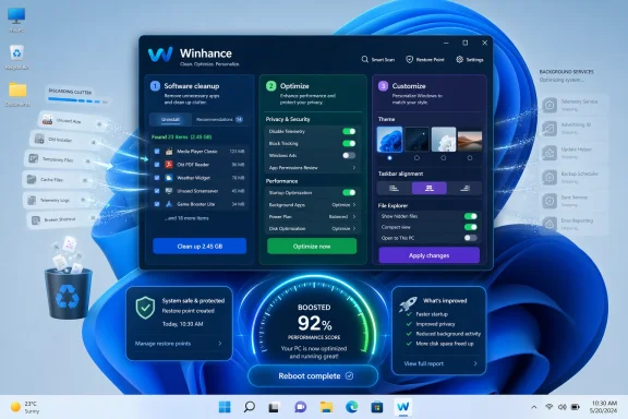 WinHance optimization app screen on Windows 11 desktop, showing cleanup, privacy, and boosted performance.