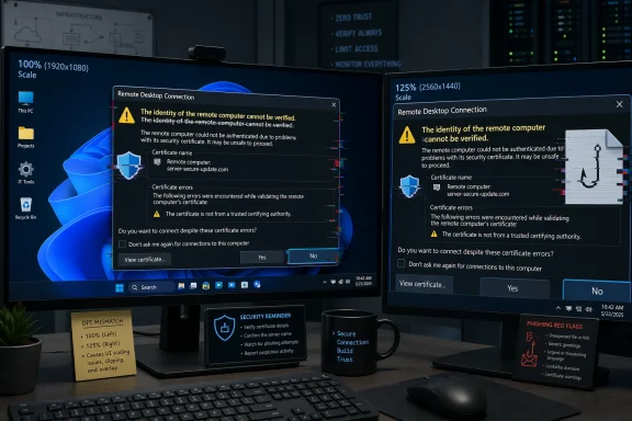 Dual monitors show Windows Remote Desktop certificate warning prompts with “identity cannot be verified” alerts.
