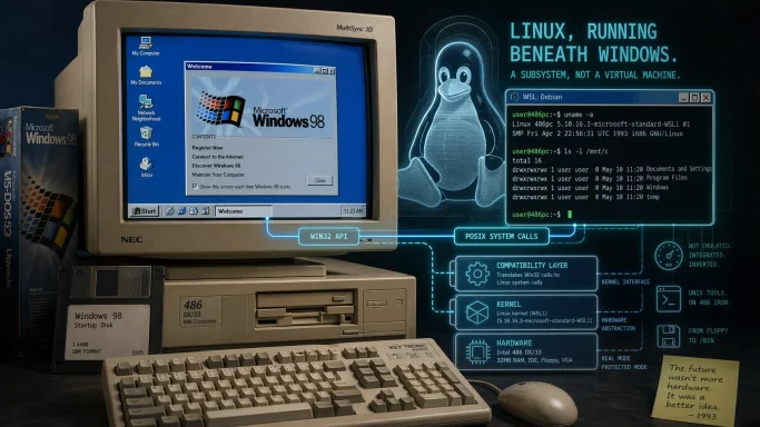 Vintage 486 PC runs Windows 98 desktop with an overlay showing Linux (WSL) beneath Windows.