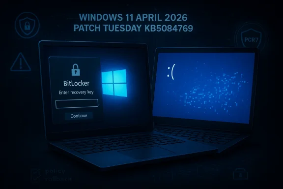 Windows 11 Patch Tuesday KB5084769 shows BitLocker recovery screen on laptops with an error prompt.