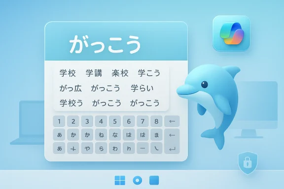 Educational Japanese typing interface with dolphin character, keyboard, and lesson text on a blue screen.