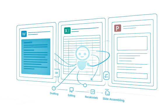 Digital interface showing interconnected Word, Excel, and PowerPoint icons with a friendly central character.
