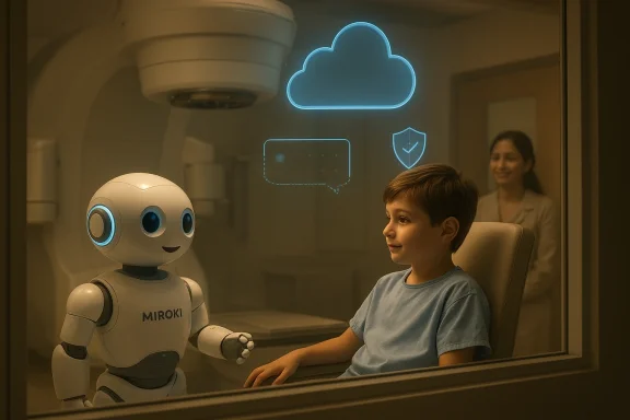 A child talks with a friendly humanoid robot “MIROKI” via a glowing display in a home setting.