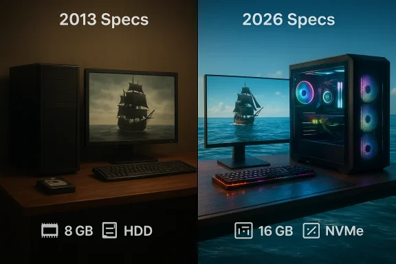 Split-screen shows PC specs upgrade from 2013 (8GB HDD) to 2026 (16GB NVMe) with gaming setup.