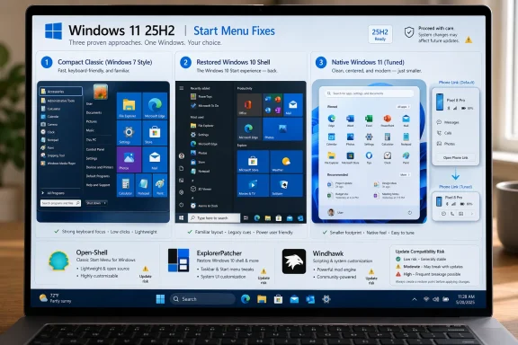 A laptop screen shows a “Windows 11 25H2 Start Menu Fixes” guide comparing shell options and tweaks.