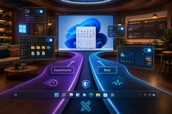 Futuristic home office scene with glowing “Experimental” and “Beta” desktop interfaces and floating UI windows.