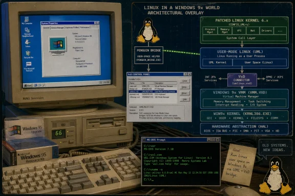 Retro Windows 95 computer with a screen showing Linux-on-Windows UML architecture overlay.