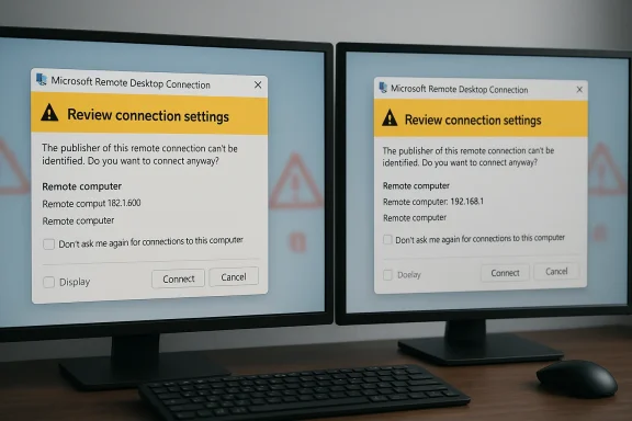 Two monitors show Microsoft Remote Desktop Connection warnings to review connection settings.