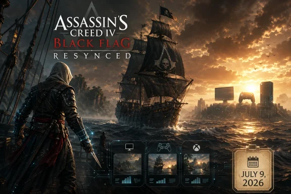 Assassin’s Creed IV Black Flag promotional art with hooded assassin and pirate ship at sunset.