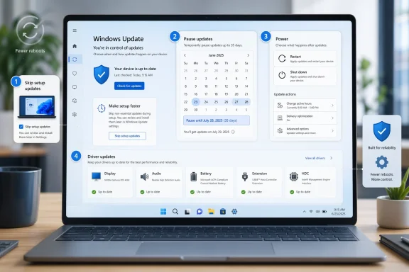 Laptop display shows the Windows Update settings page with options to pause updates and manage power actions.
