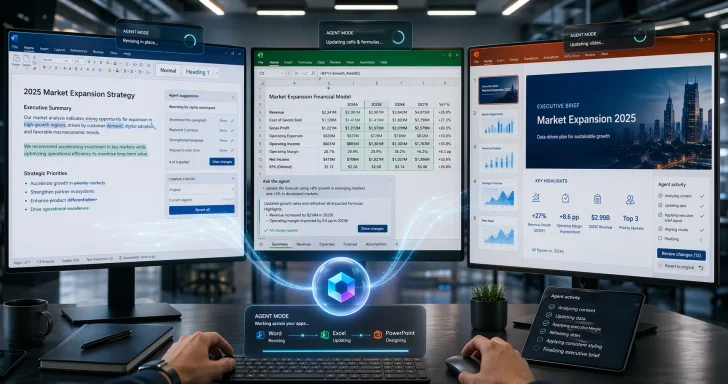 Three overlapping screens show an AI “agent mode” updating financial slides and models in a modern office.